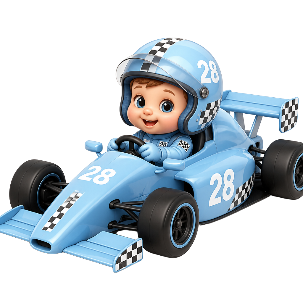 Cartoon baby driving a light blue formula one car with the number 28